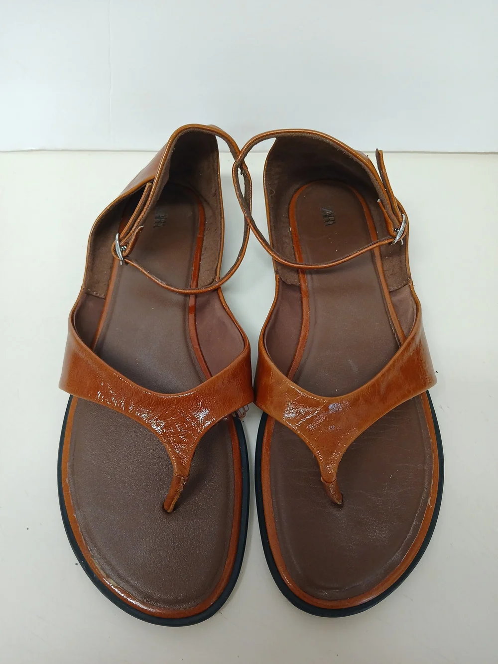 Zara Brown Leather Ankle-Strap Toe-Loop Sandals - Picture 3 of 7
